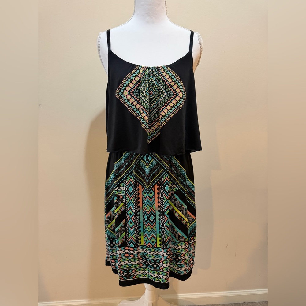 VENUS Black and Teal Geometric Midi Layered with Adjustable Straps Dress M